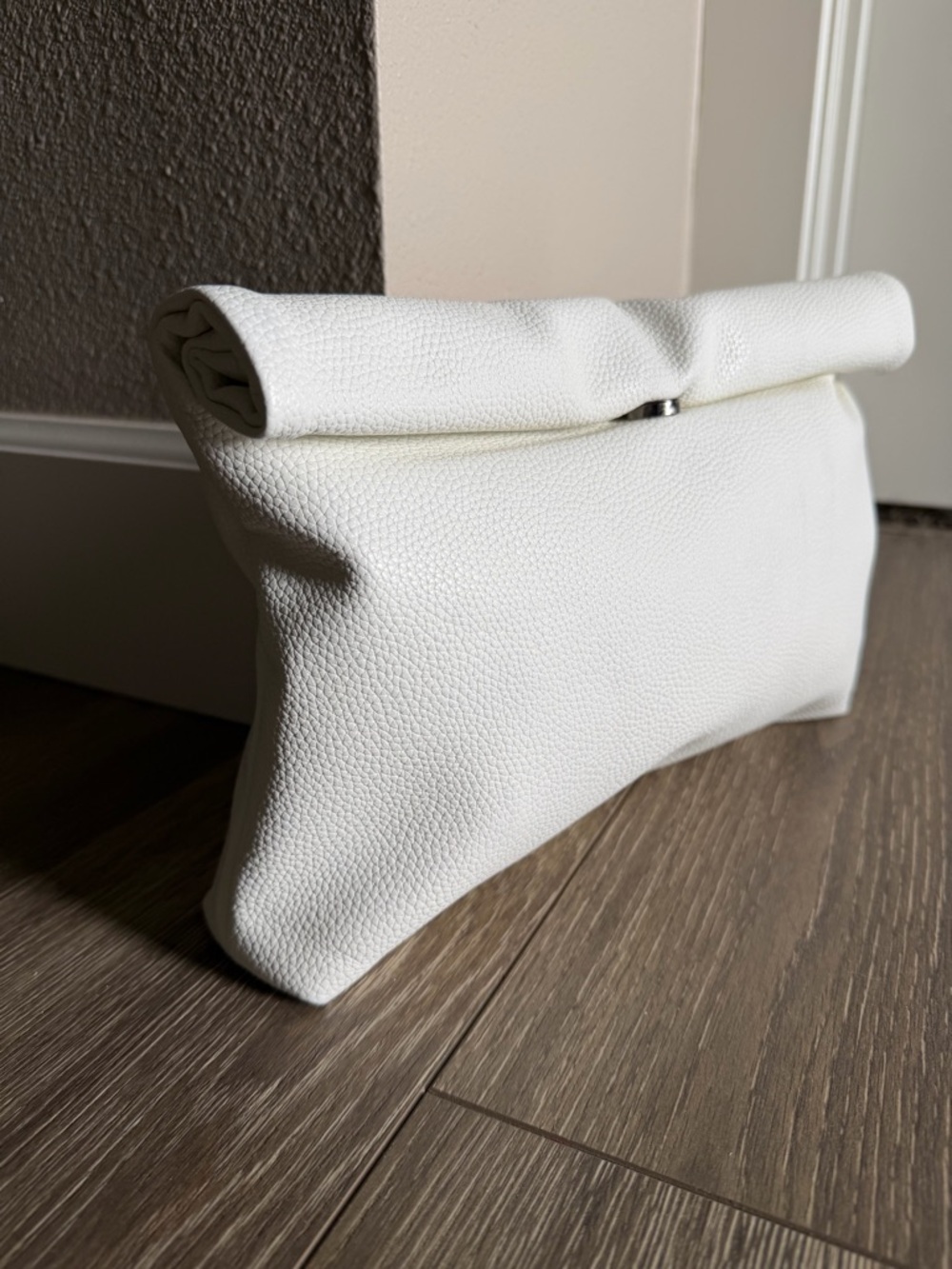 White Leather Roll-Top Clutch Bag